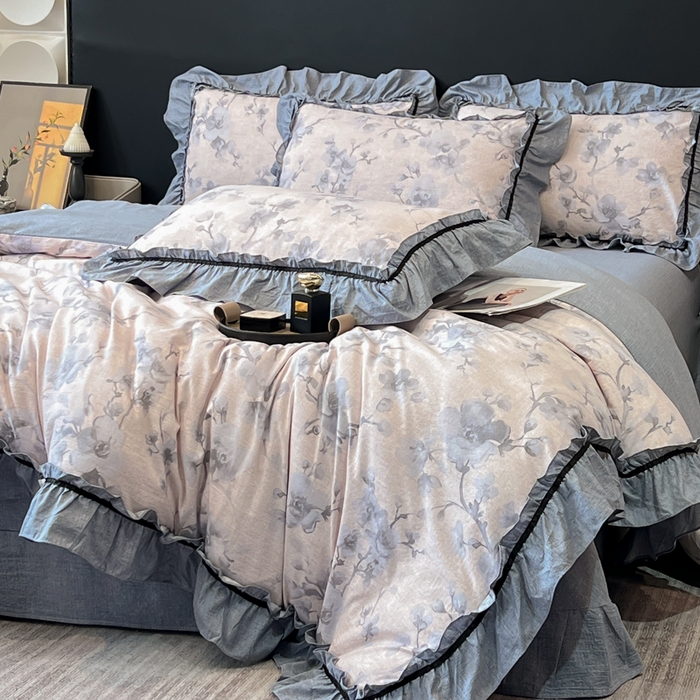 91家纺网 家纺一手货源 找家纺 玉海棠家纺 2025新款法式花边棉麻四件套 花叶