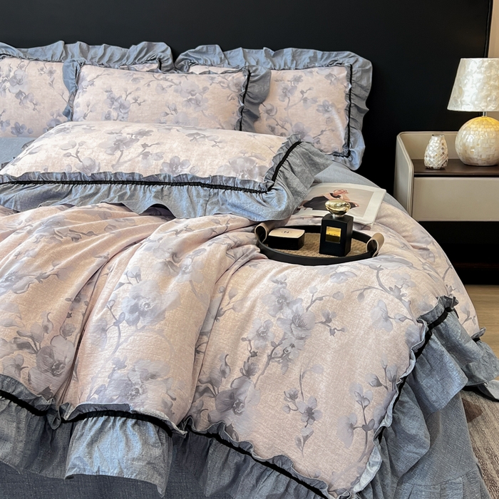 91家纺网 家纺一手货源 找家纺 玉海棠家纺 2025新款法式花边棉麻四件套 花叶