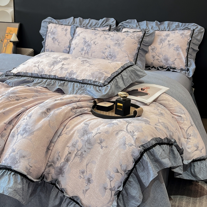 91家纺网 家纺一手货源 找家纺 玉海棠家纺 2025新款法式花边棉麻四件套 花叶