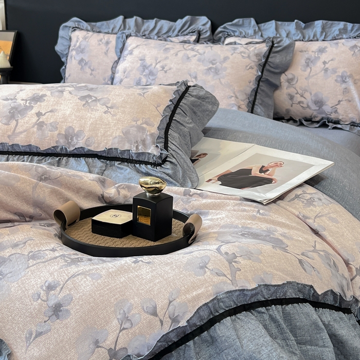 91家纺网 家纺一手货源 找家纺 玉海棠家纺 2025新款法式花边棉麻四件套 花叶