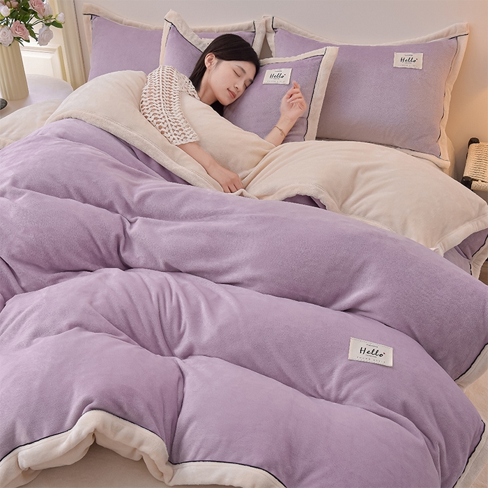 91家纺网 家纺一手货源 找家纺 云恋家纺 纯色双面绒牛奶绒床上用品四件套加厚绒法兰绒床笠被套罩床单双人 青春-紫拼米