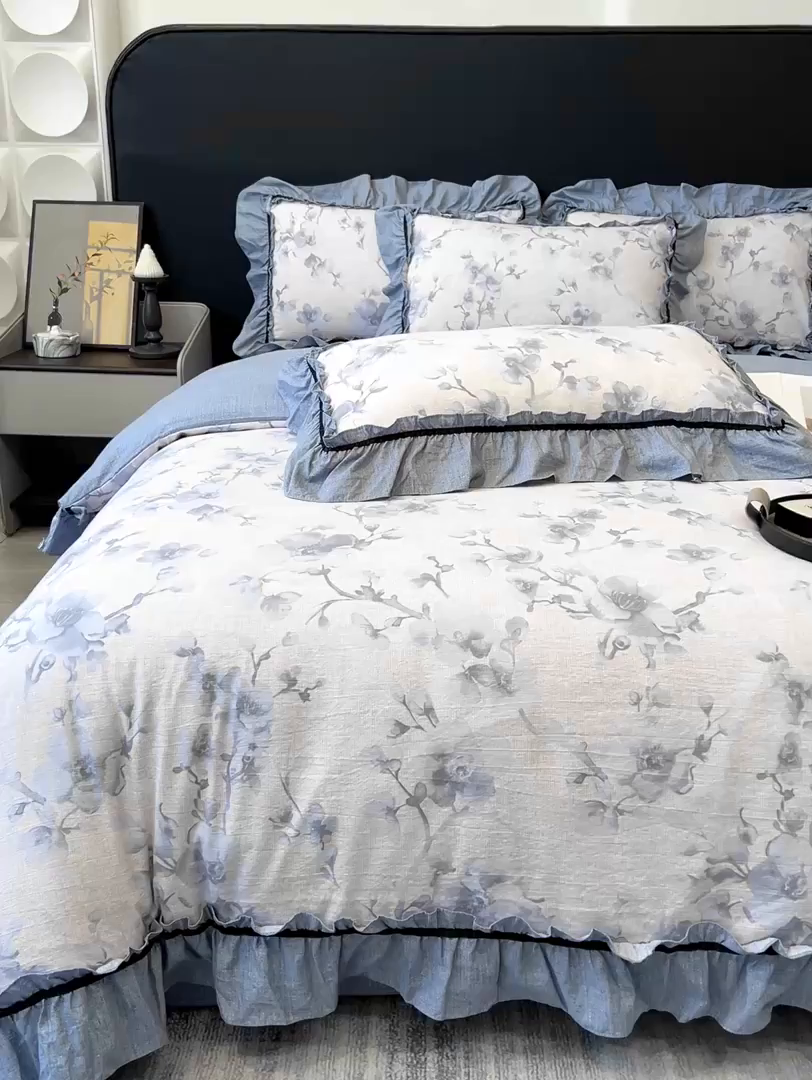 91家纺网 家纺一手货源 找家纺 玉海棠家纺 2025新款法式花边棉麻四件套 花叶