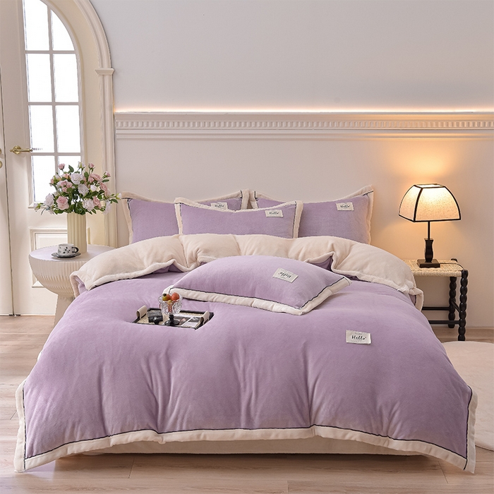 91家纺网 家纺一手货源 找家纺 云恋家纺 纯色双面绒牛奶绒床上用品四件套加厚绒法兰绒床笠被套罩床单双人 青春-紫拼米