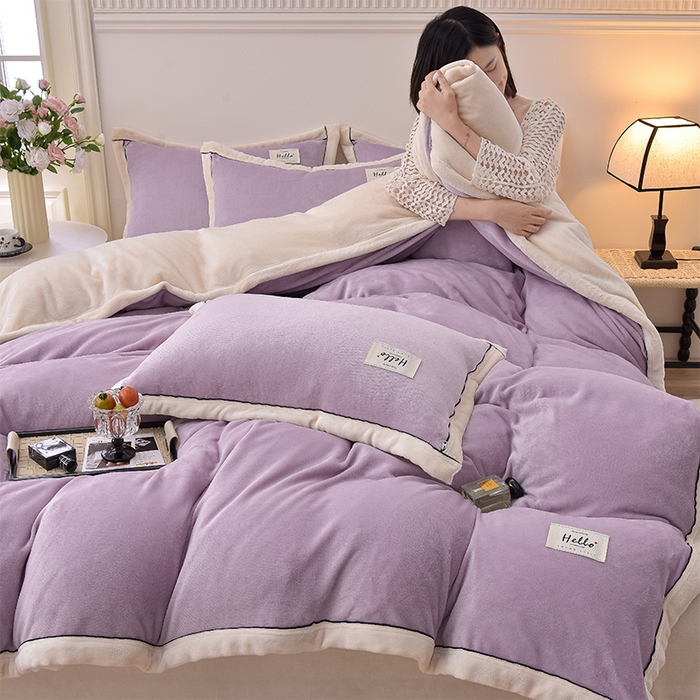 91家纺网 家纺一手货源 找家纺 云恋家纺 纯色双面绒牛奶绒床上用品四件套加厚绒法兰绒床笠被套罩床单双人 青春-紫拼米