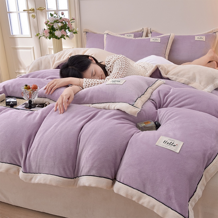 91家纺网 家纺一手货源 找家纺 云恋家纺 纯色双面绒牛奶绒床上用品四件套加厚绒法兰绒床笠被套罩床单双人 青春-紫拼米