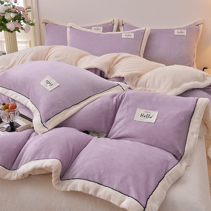 91家纺网 家纺一手货源 找家纺 云恋家纺 纯色双面绒牛奶绒床上用品四件套加厚绒法兰绒床笠被套罩床单双人 青春-紫拼米