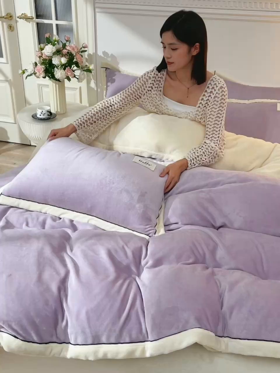 91家纺网 家纺一手货源 找家纺 云恋家纺 纯色双面绒牛奶绒床上用品四件套加厚绒法兰绒床笠被套罩床单双人 青春-紫拼米