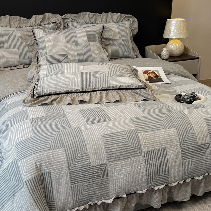 91家纺网 家纺一手货源 找家纺 玉海棠家纺 2025新款法式花边棉麻四件套 爵士-灰