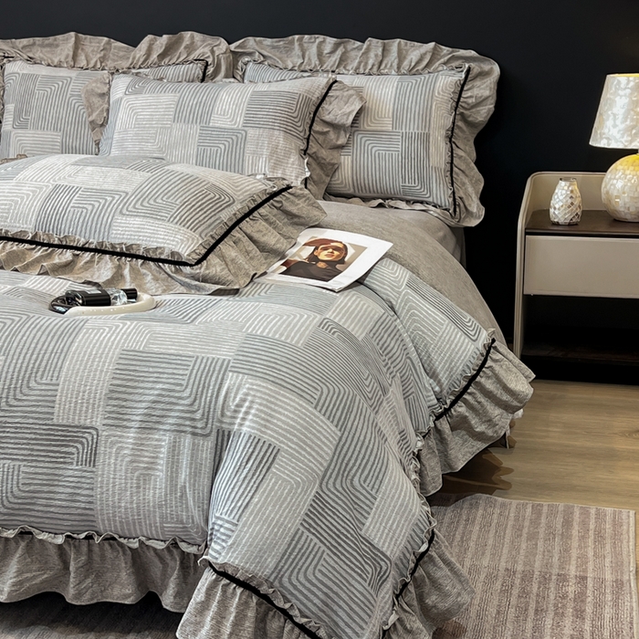 91家纺网 家纺一手货源 找家纺 玉海棠家纺 2025新款法式花边棉麻四件套 爵士-灰