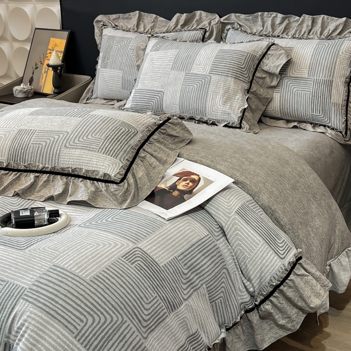 91家纺网 家纺一手货源 找家纺 玉海棠家纺 2025新款法式花边棉麻四件套 爵士-灰