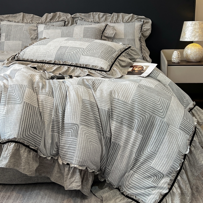 91家纺网 家纺一手货源 找家纺 玉海棠家纺 2025新款法式花边棉麻四件套 爵士-灰