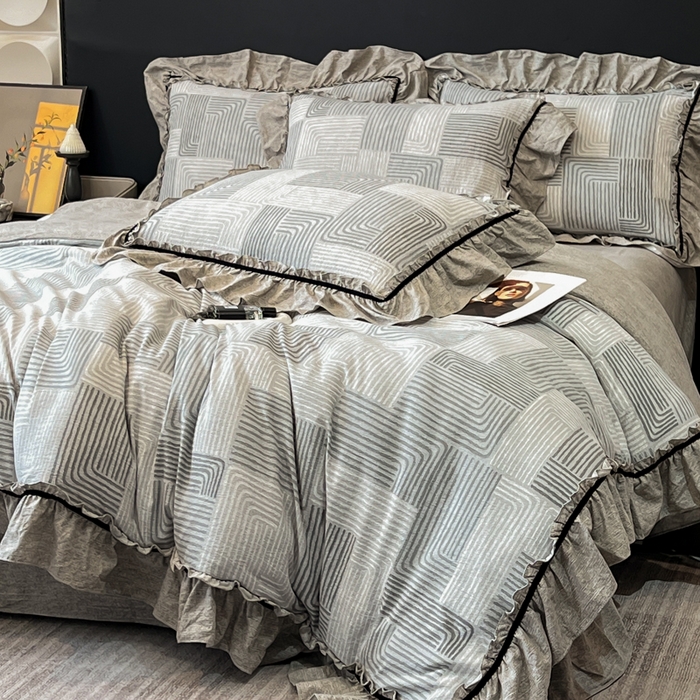 91家纺网 家纺一手货源 找家纺 玉海棠家纺 2025新款法式花边棉麻四件套 爵士-灰