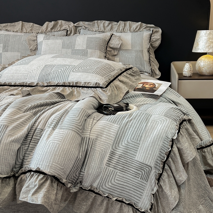 91家纺网 家纺一手货源 找家纺 玉海棠家纺 2025新款法式花边棉麻四件套 爵士-灰