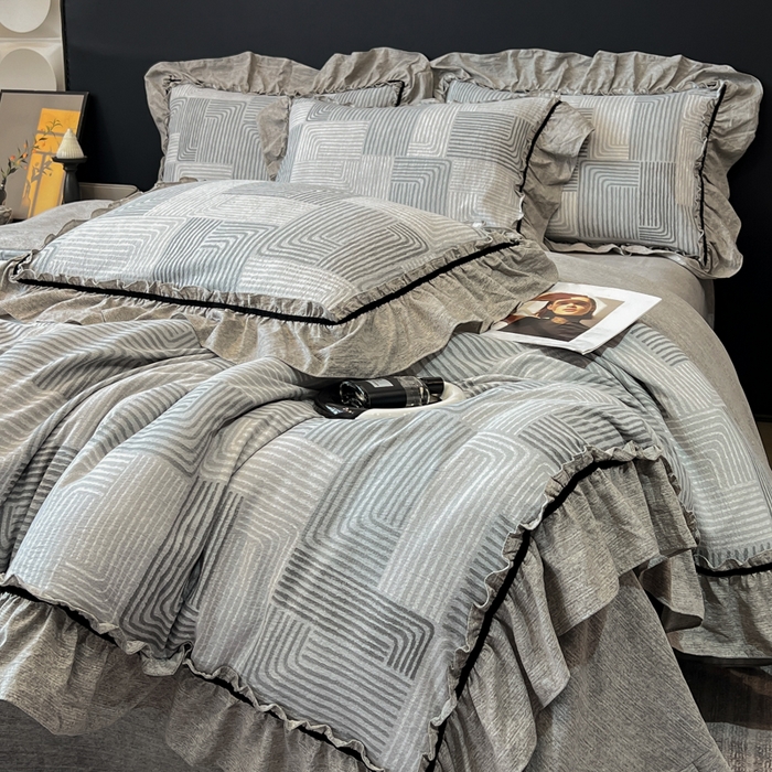 91家纺网 家纺一手货源 找家纺 玉海棠家纺 2025新款法式花边棉麻四件套 爵士-灰