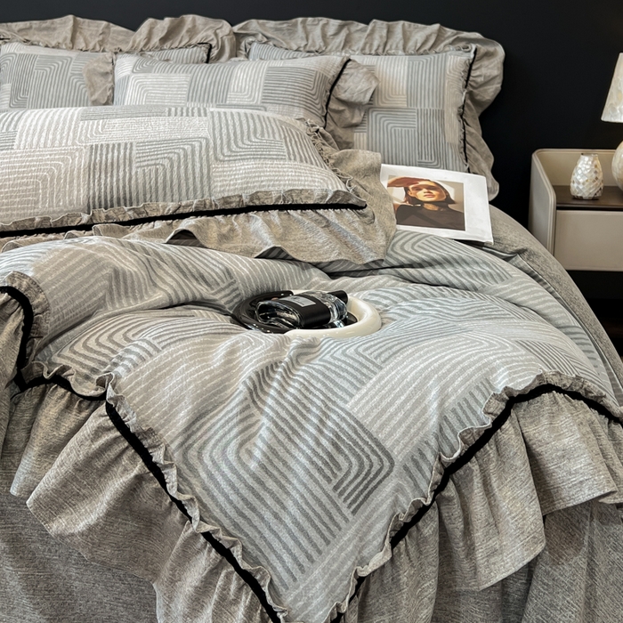 91家纺网 家纺一手货源 找家纺 玉海棠家纺 2025新款法式花边棉麻四件套 爵士-灰