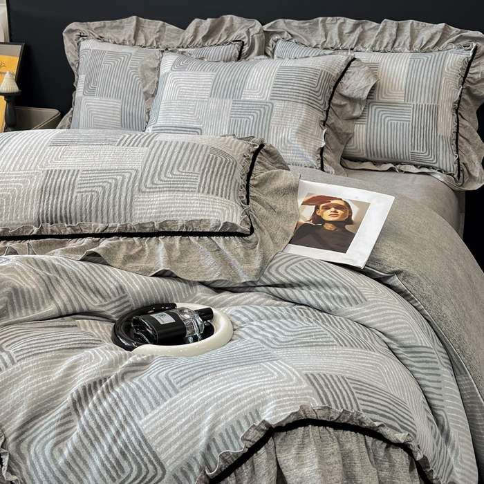 91家纺网 家纺一手货源 找家纺 玉海棠家纺 2025新款法式花边棉麻四件套 爵士-灰