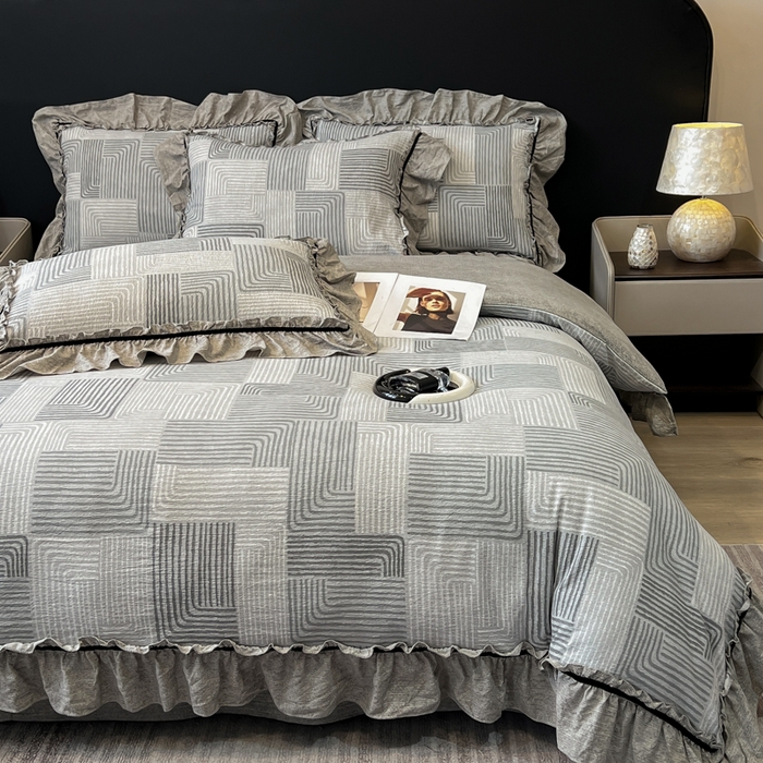 91家纺网 家纺一手货源 找家纺 玉海棠家纺 2025新款法式花边棉麻四件套 爵士-灰