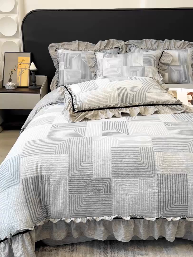 91家纺网 家纺一手货源 找家纺 玉海棠家纺 2025新款法式花边棉麻四件套 爵士-灰