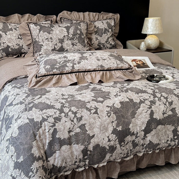 91家纺网 家纺一手货源 找家纺 玉海棠家纺 2025新款法式花边棉麻四件套 鎏金旧梦