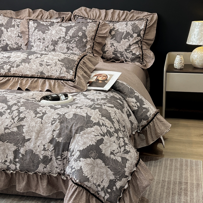 91家纺网 家纺一手货源 找家纺 玉海棠家纺 2025新款法式花边棉麻四件套 鎏金旧梦