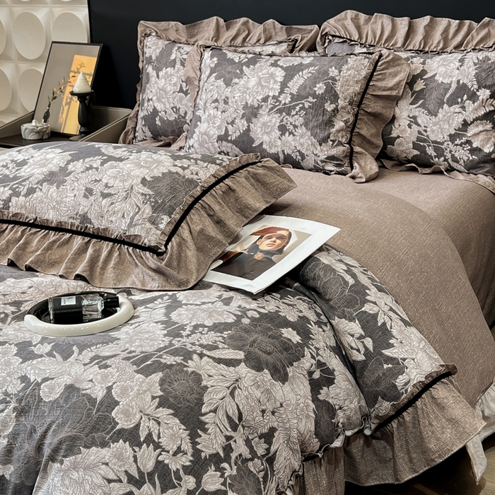 91家纺网 家纺一手货源 找家纺 玉海棠家纺 2025新款法式花边棉麻四件套 鎏金旧梦