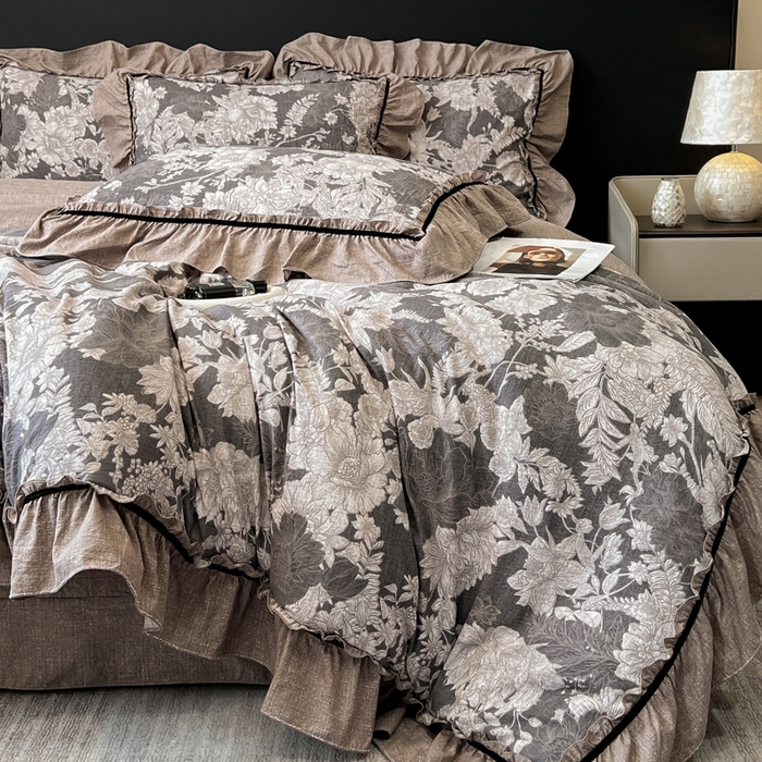 91家纺网 家纺一手货源 找家纺 玉海棠家纺 2025新款法式花边棉麻四件套 鎏金旧梦