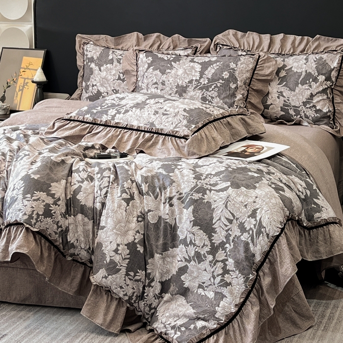 91家纺网 家纺一手货源 找家纺 玉海棠家纺 2025新款法式花边棉麻四件套 鎏金旧梦