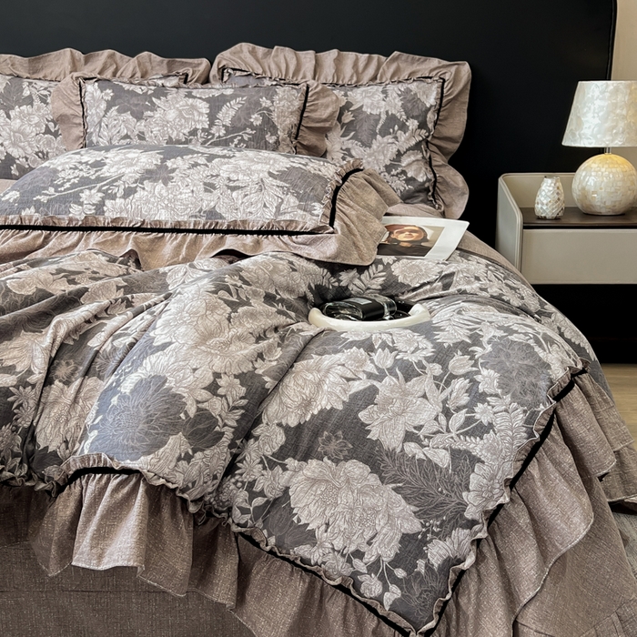 91家纺网 家纺一手货源 找家纺 玉海棠家纺 2025新款法式花边棉麻四件套 鎏金旧梦