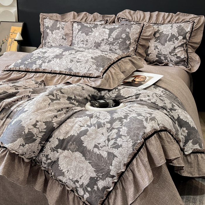 91家纺网 家纺一手货源 找家纺 玉海棠家纺 2025新款法式花边棉麻四件套 鎏金旧梦