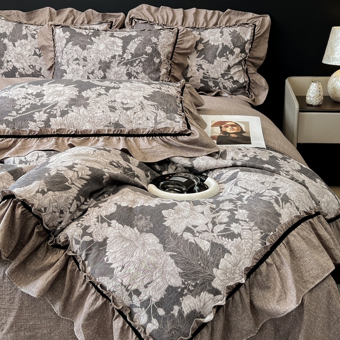 91家纺网 家纺一手货源 找家纺 玉海棠家纺 2025新款法式花边棉麻四件套 鎏金旧梦