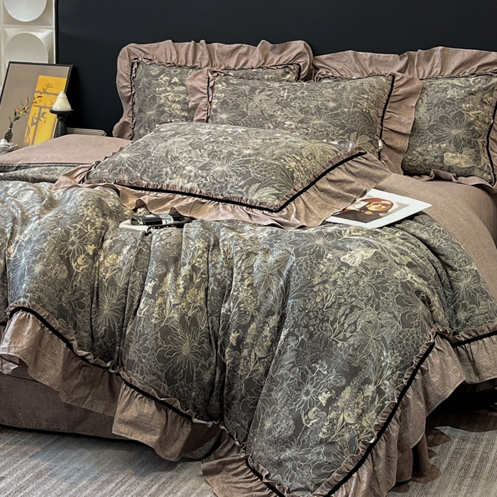 91家纺网 家纺一手货源 找家纺 玉海棠家纺 2025新款法式花边棉麻四件套 迷迭花园