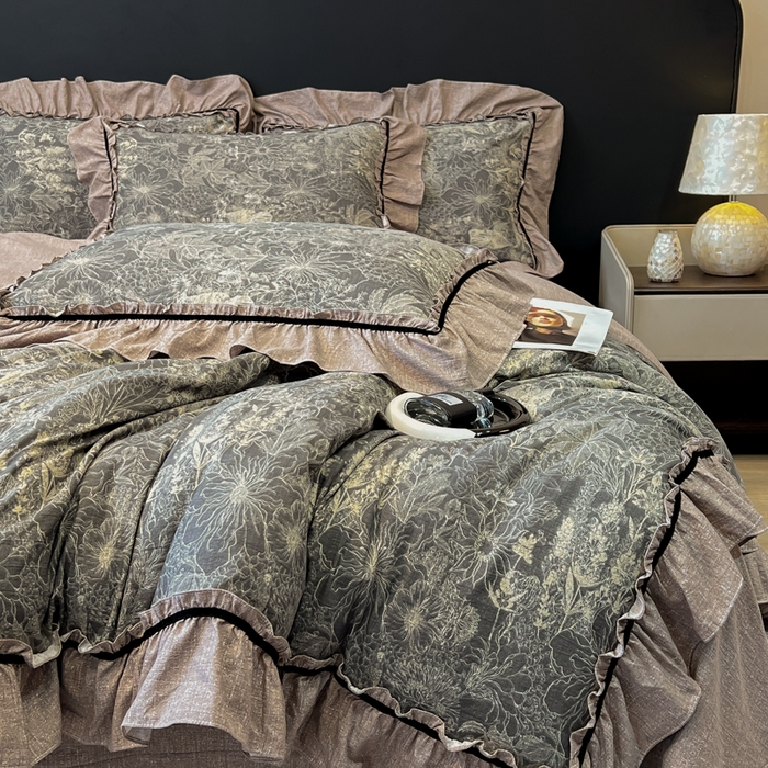 91家纺网 家纺一手货源 找家纺 玉海棠家纺 2025新款法式花边棉麻四件套 迷迭花园