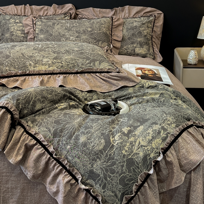 91家纺网 家纺一手货源 找家纺 玉海棠家纺 2025新款法式花边棉麻四件套 迷迭花园