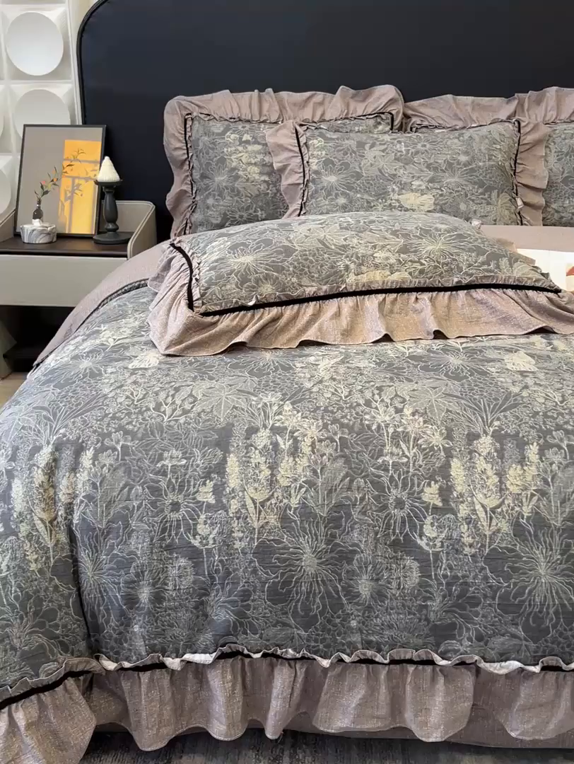 91家纺网 家纺一手货源 找家纺 玉海棠家纺 2025新款法式花边棉麻四件套 迷迭花园