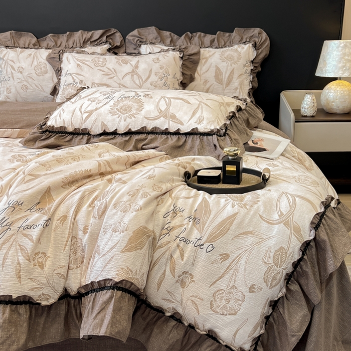 91家纺网 家纺一手货源 找家纺 玉海棠家纺 2025新款法式花边棉麻四件套 秘境