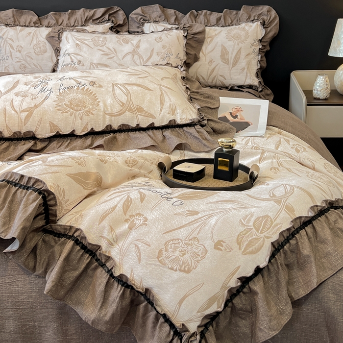 91家纺网 家纺一手货源 找家纺 玉海棠家纺 2025新款法式花边棉麻四件套 秘境