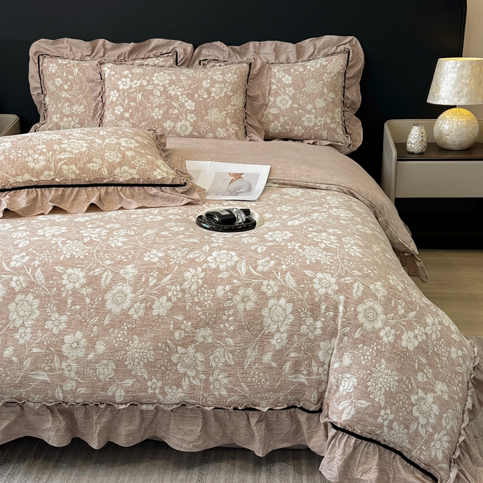 91家纺网 家纺一手货源 找家纺 玉海棠家纺 2025新款法式花边棉麻四件套 莫问