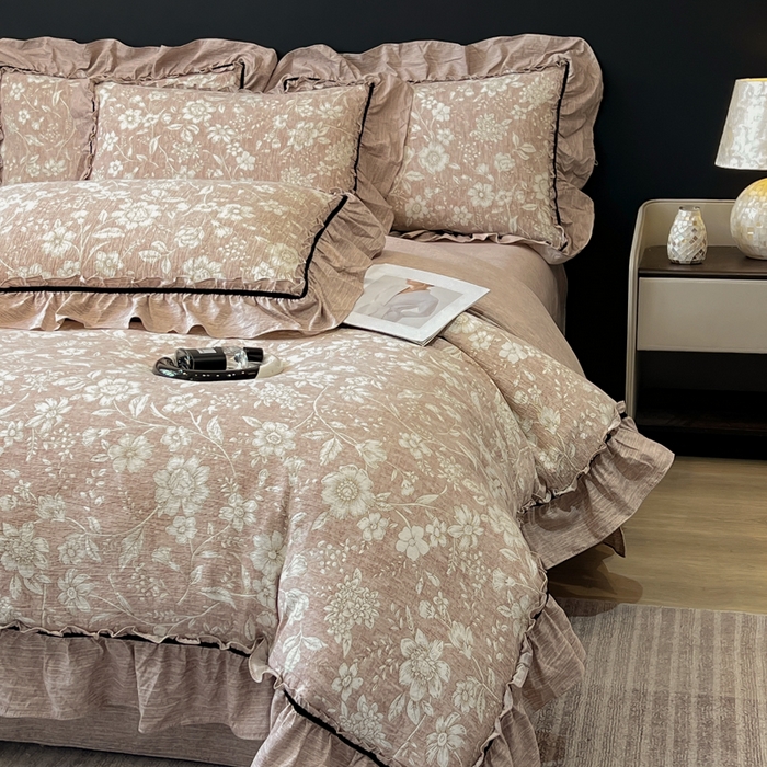 91家纺网 家纺一手货源 找家纺 玉海棠家纺 2025新款法式花边棉麻四件套 莫问