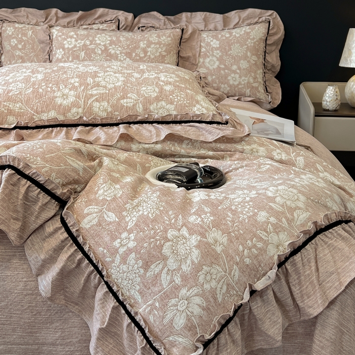 91家纺网 家纺一手货源 找家纺 玉海棠家纺 2025新款法式花边棉麻四件套 莫问