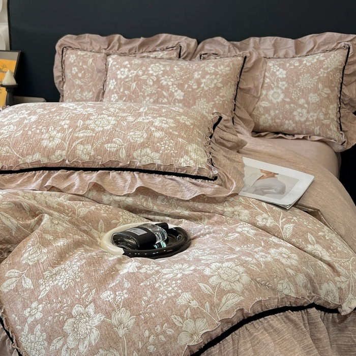 91家纺网 家纺一手货源 找家纺 玉海棠家纺 2025新款法式花边棉麻四件套 莫问