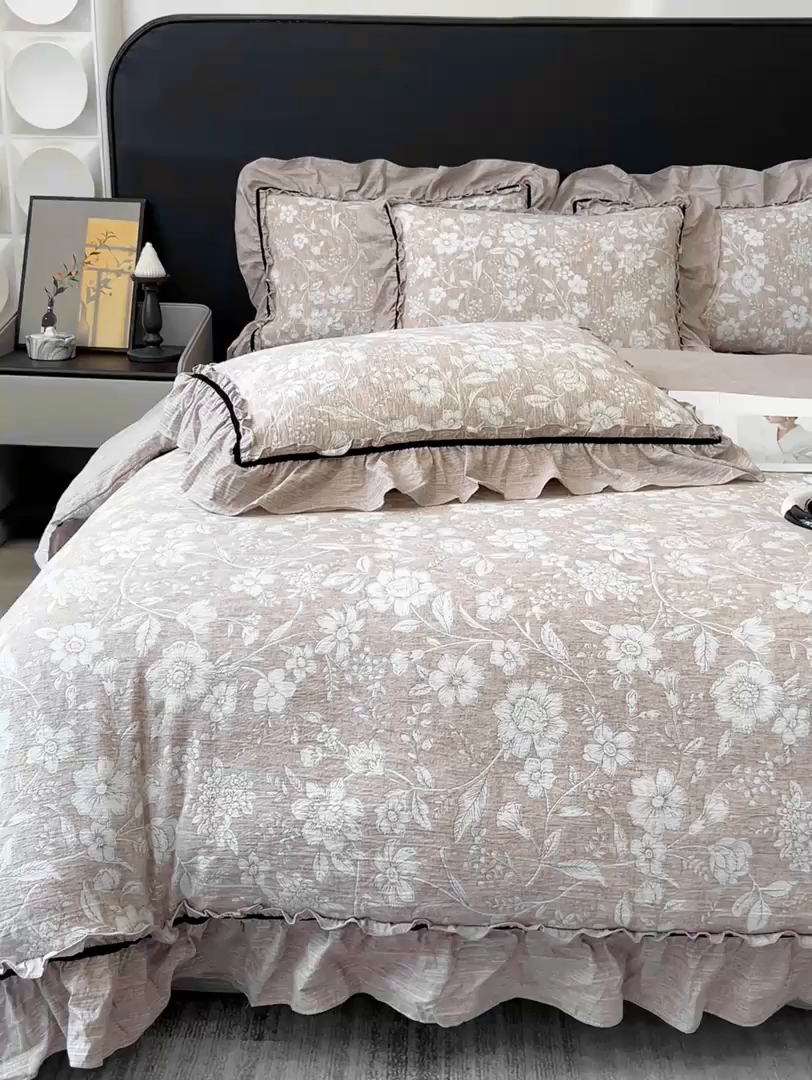 91家纺网 家纺一手货源 找家纺 玉海棠家纺 2025新款法式花边棉麻四件套 莫问