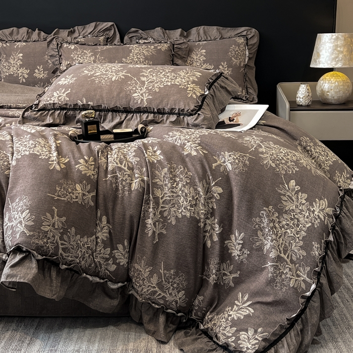 91家纺网 家纺一手货源 找家纺 玉海棠家纺 2025新款法式花边棉麻四件套 暮色迷情