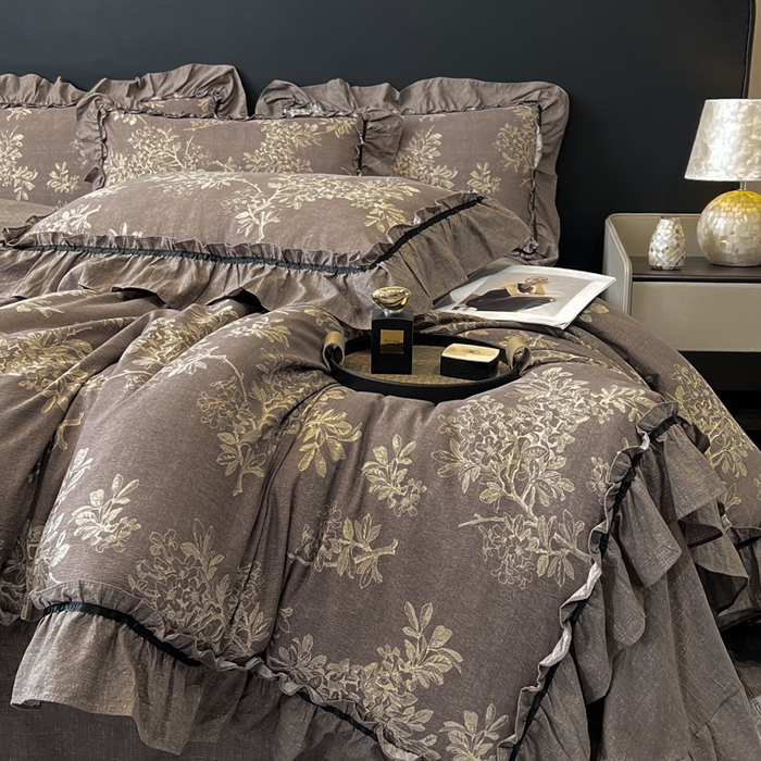 91家纺网 家纺一手货源 找家纺 玉海棠家纺 2025新款法式花边棉麻四件套 暮色迷情