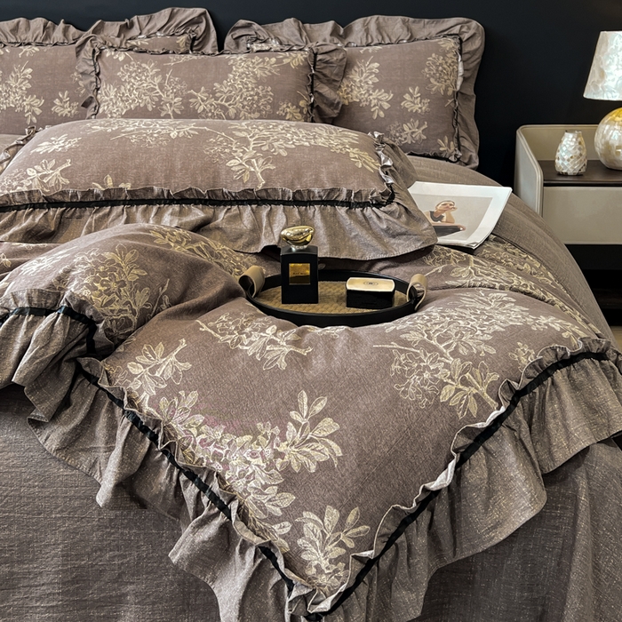 91家纺网 家纺一手货源 找家纺 玉海棠家纺 2025新款法式花边棉麻四件套 暮色迷情