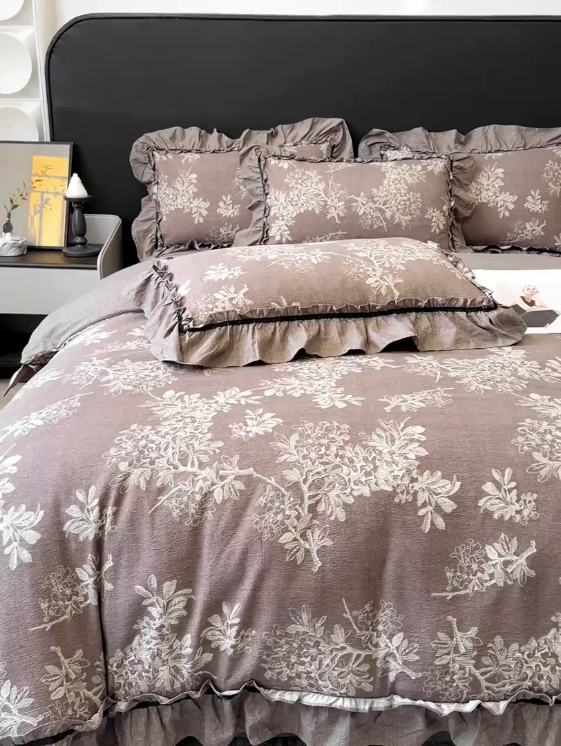 91家纺网 家纺一手货源 找家纺 玉海棠家纺 2025新款法式花边棉麻四件套 暮色迷情