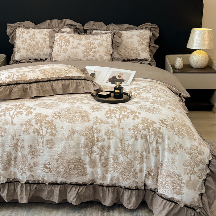 91家纺网 家纺一手货源 找家纺 玉海棠家纺 2025新款法式花边棉麻四件套 森韵