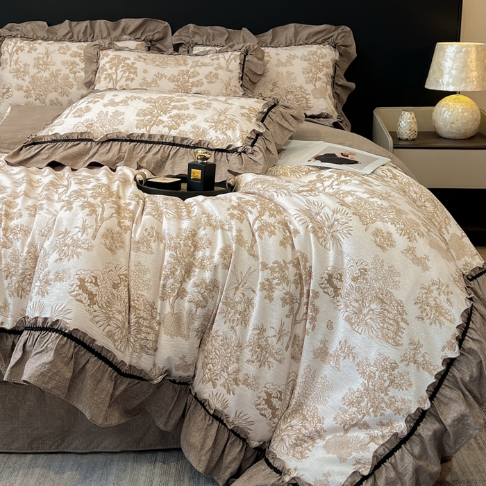 91家纺网 家纺一手货源 找家纺 玉海棠家纺 2025新款法式花边棉麻四件套 森韵