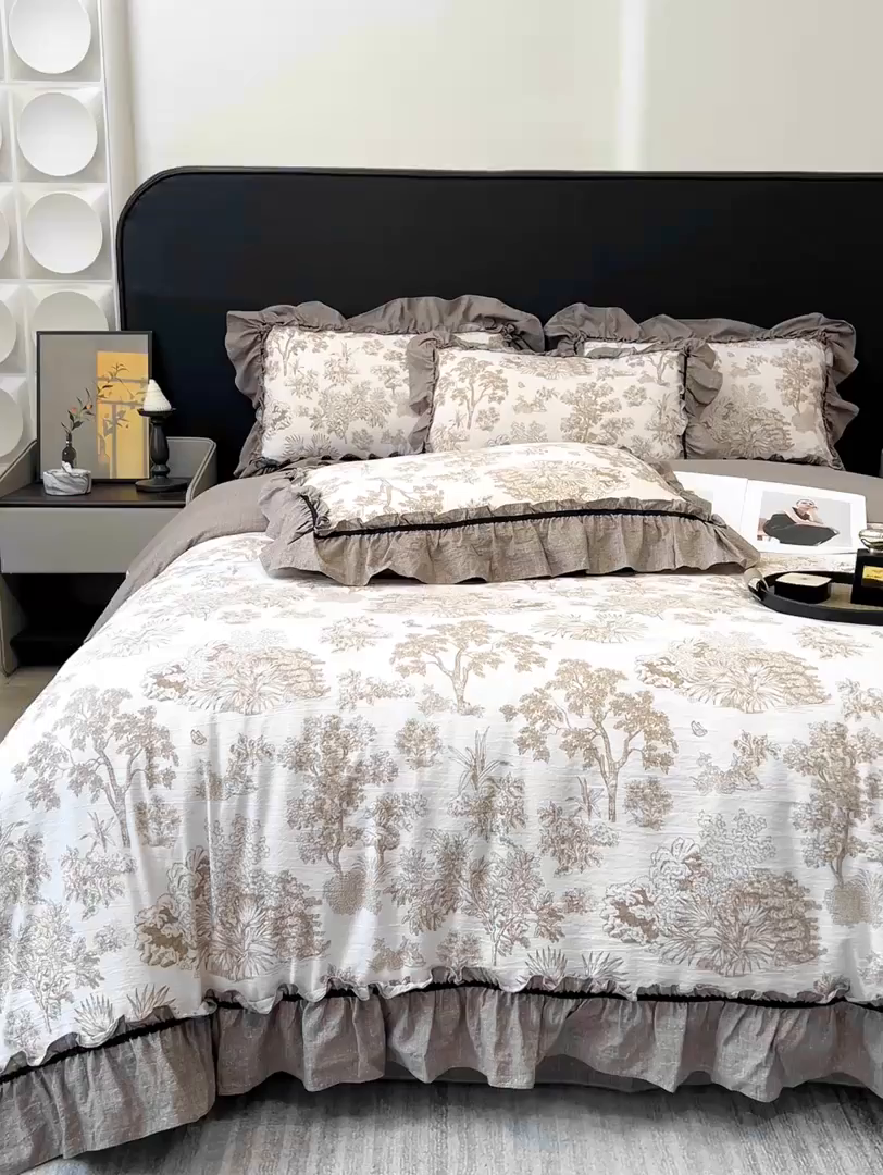 91家纺网 家纺一手货源 找家纺 玉海棠家纺 2025新款法式花边棉麻四件套 森韵