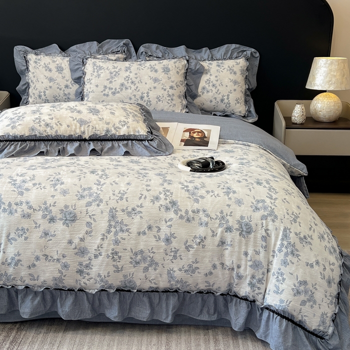 91家纺网 家纺一手货源 找家纺 玉海棠家纺 2025新款法式花边棉麻四件套 云间花