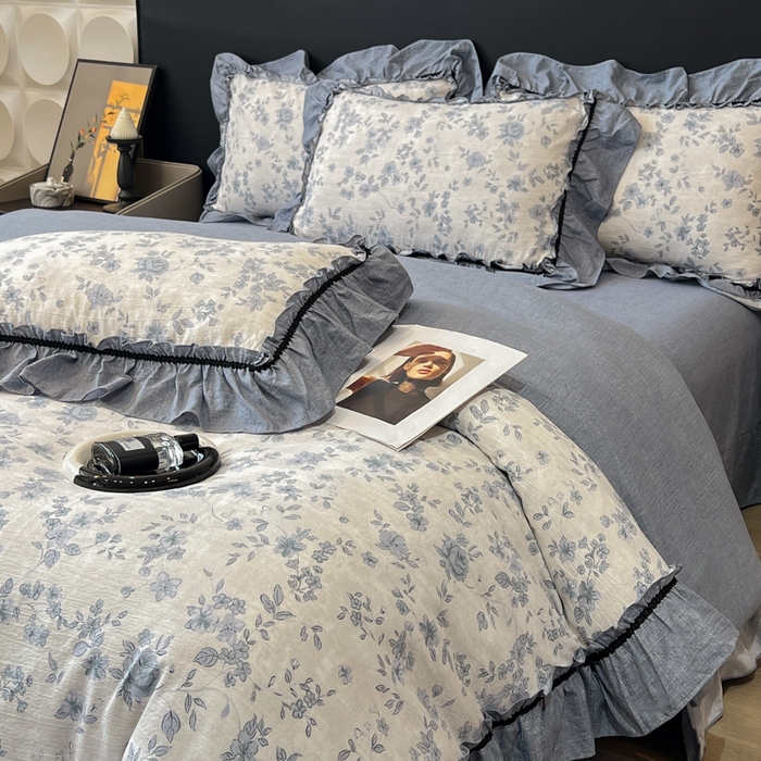 91家纺网 家纺一手货源 找家纺 玉海棠家纺 2025新款法式花边棉麻四件套 云间花